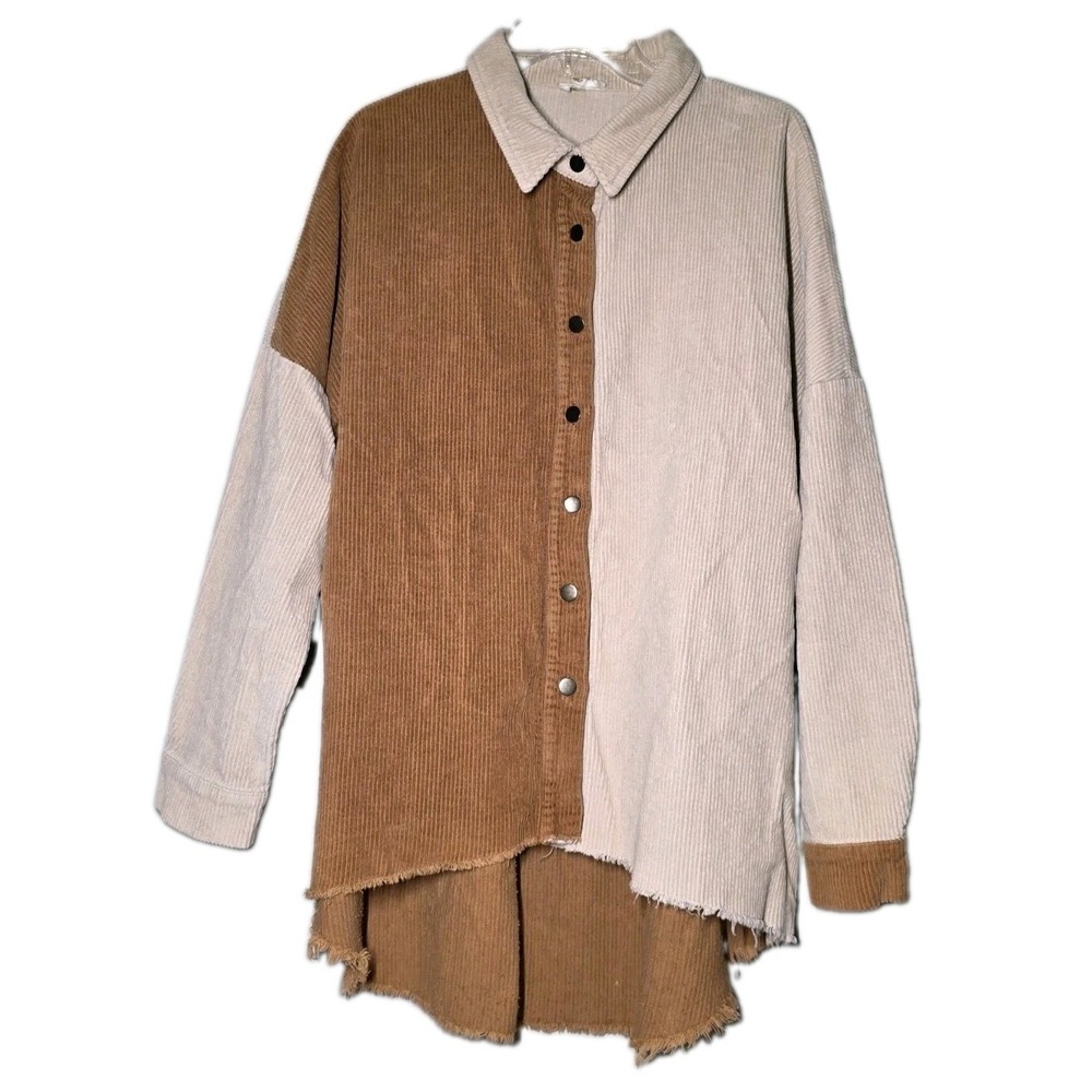 BIBI Oversized Corduroy Boho Jacket Brown Raw Hem Button Up Womens Size XLarge